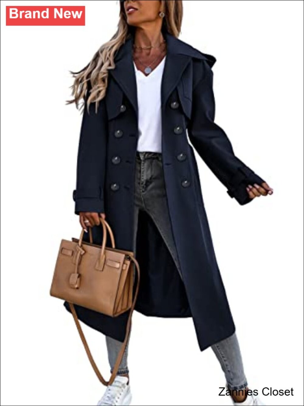 ✨Fisoew Women's Long Trench Coat Double Breasted Windproof Classic Overcoat